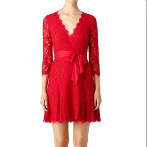 Diane Von Furstenberg Womens red Julita long sleeve lace wrap shirt dress 14